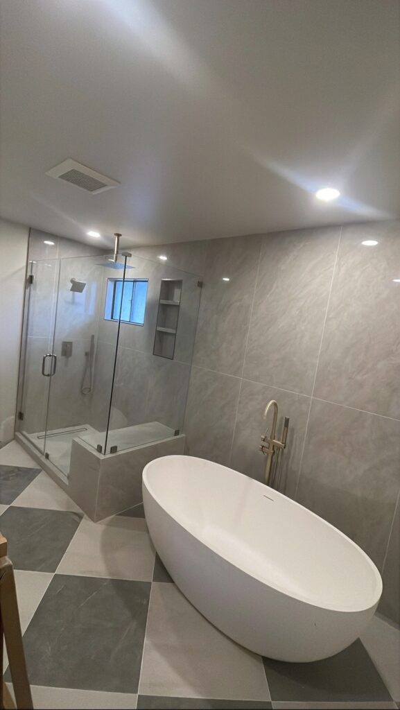 Checkerboard floor with freestanding tub